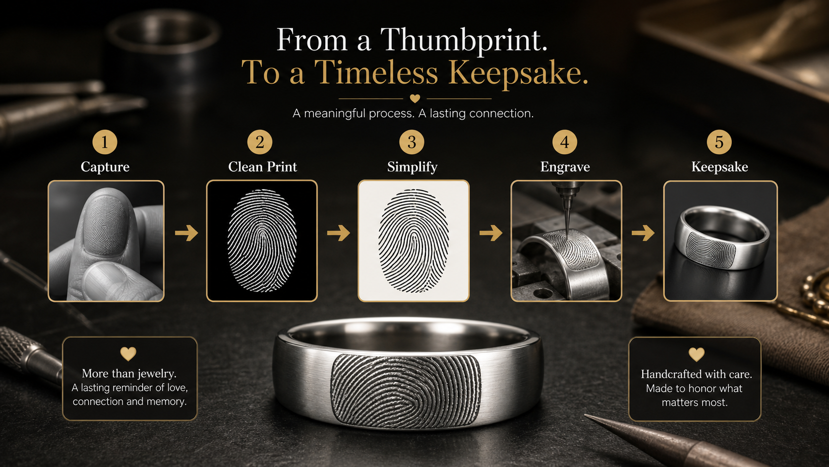 Thumbprint Rings educational diagram showing the steps from story to engraving design