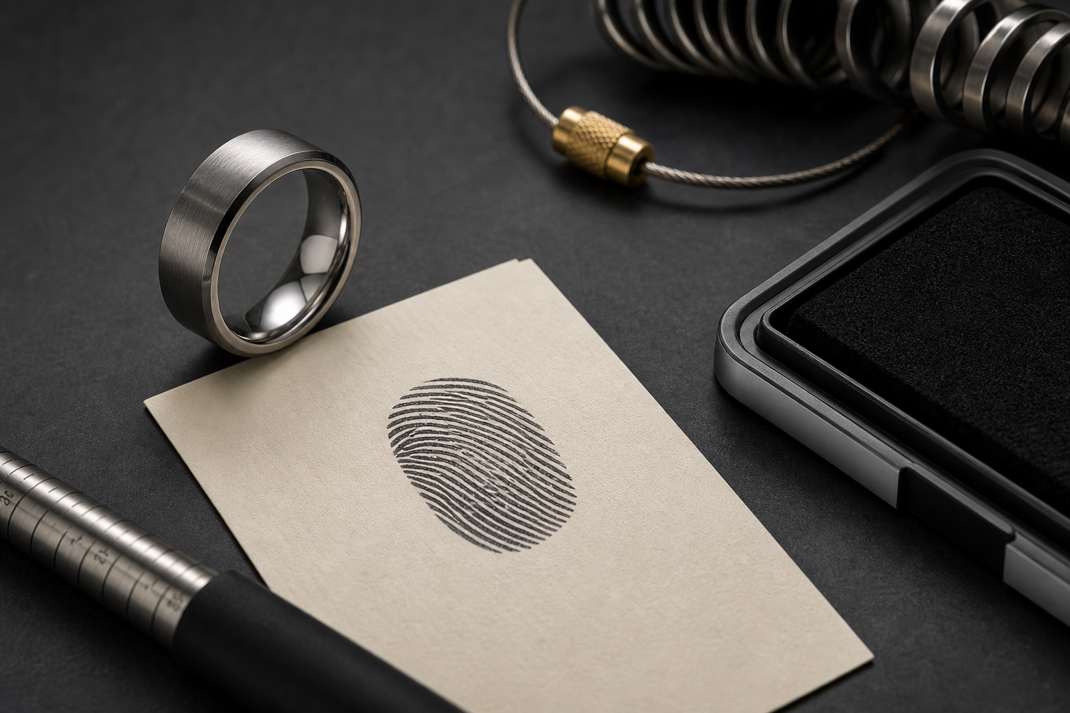 Professional thumbprint capture guide image with ink pad, paper, and silver ring